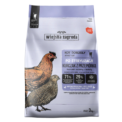 Wiejska Zagroda Sterilized Kurczak z przepiórką Prebiotyk i probiotyk 3kg
