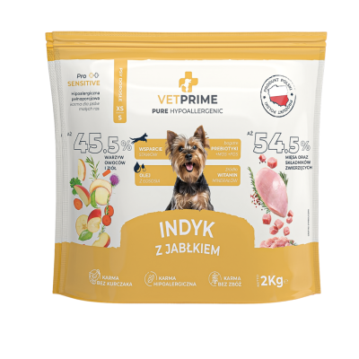 VETPRIME HIPOALERGICZNA MONOBIAŁKOWA INDYK Z JABŁKIEM XS/S 2KG