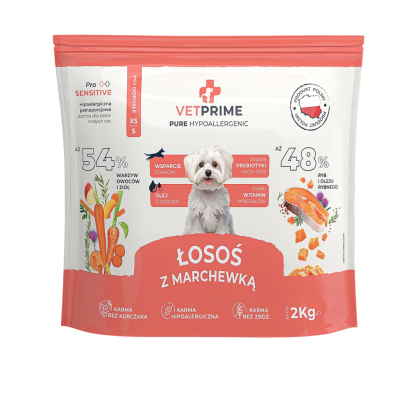 VETPRIME HIPOALERGICZNA MONOBIAŁKOWA ŁOSOŚ Z MARCHEWKĄ XS/S 2KG