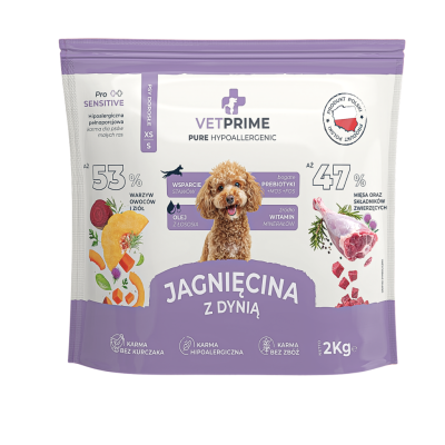VETPRIME HIPOALERGICZNA MONOBIAŁKOWA JAGNIĘCINA Z DYNIĄ XS/S 2KG